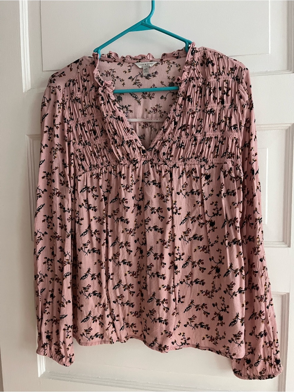 Lucky Brand Pink Long-Sleeve Floral Smocked Blouse
